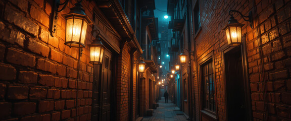 Fototapeta premium Mysterious night walk narrow alley urban setting dimly lit cinematic perspective exploration theme