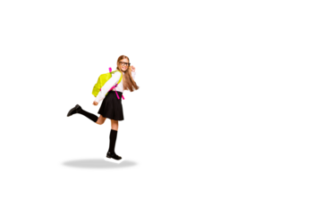 Composite photo collage of happy schoolgirl run lesson education autumn fall september season study isolated on painted background