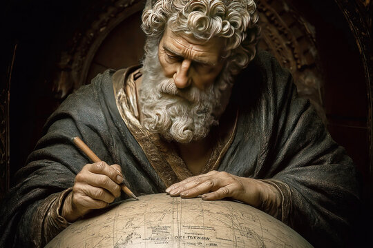 Ancient Greek astronomer Aristarchus of Samos studying celestial maps and proposing new ideas
