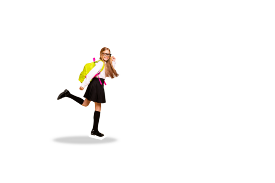 Composite photo collage of happy schoolgirl run lesson education autumn fall september season study isolated on painted background