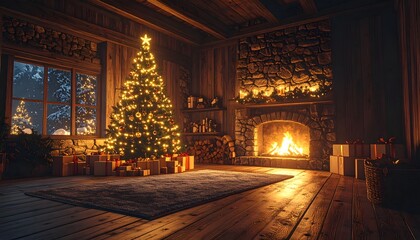 Fototapeta premium cozy rustic cabin interior with a glowing Christmas tree and a warm stone fireplace