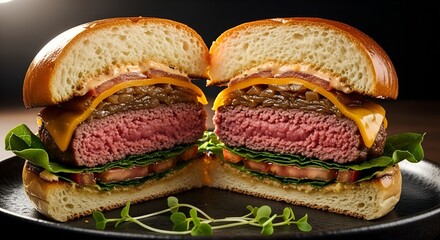 A perfectly crafted gourmet cheeseburger sliced in half, showcasing its juicy medium-rare interior, melted cheese, and fresh toppings on a dark background