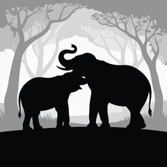 Two majestic elephant silhouettes embracing tenderly in a misty forest setting showcasing a heartwarming parent child bond