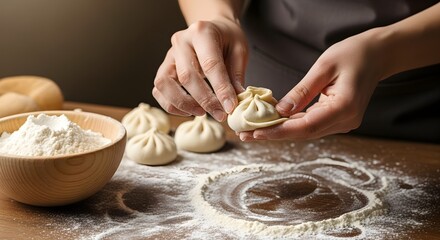 A person's hands expertly shape fresh dumplings on a wooden surface with flour nearby. 