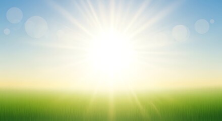Obraz premium Bright sunburst radiating light across a vibrant green field under a clear blue sky with soft bokeh highlights, symbolizing hope, energy, and a new day