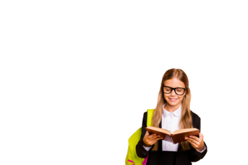 Composite photo collage of happy blonde schoolgirl read book literature novel story library education isolated on painted background