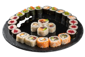 Sushi set on a black plate isolated on transparent background