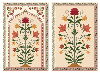 Traditional Mughal flower motif. India wall decor flower Painting. Mughal wall paintings, botanical floral ethnic motif