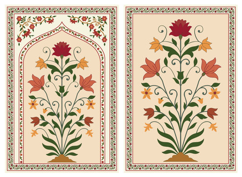 Traditional Mughal flower motif. India wall decor flower Painting. Mughal wall paintings, botanical floral ethnic motif