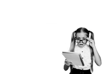 Composite photo collage of astonished shocked teenage girl hold notepad homework tasks load school isolated on painted background