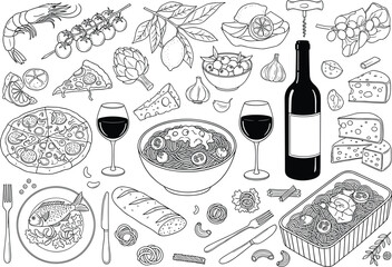 Italian food illustration set with pasta, pizza, cheese, wine, bread, seafood, vegetables, and hand-drawn culinary elements for menus