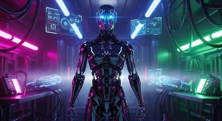 Futuristic Robot in a Cyberpunk Laboratory - Advanced AI and Technology.