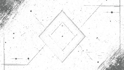 Abstract black and white background with distressed texture, geometric shapes, dots, and lines.