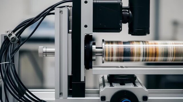 Side view of hyperspectral camera mounted on motorized stage examining long sediment core sample encased in transparent plastic sleeve for preservation.