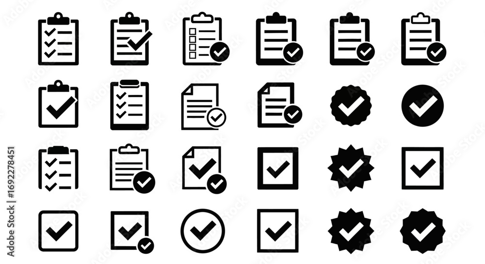 Poster vector icons set of a comprehensive set of black glyph icons for checklists approvals and tasks. eps