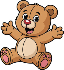 Cute cartoon teddy bear with smiling face, open arms, sitting pose, adorable plush toy illustration for kids, children, nursery, vector