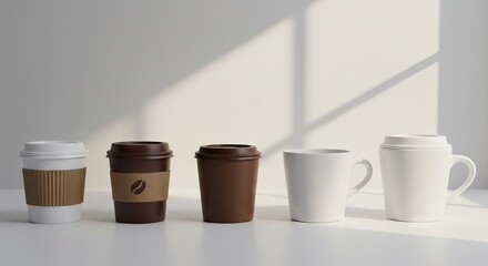 Five assorted coffee cups are aligned on a white surface with sunlight