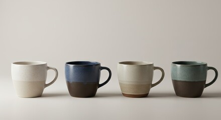 Four ceramic mugs each with a unique color scheme are displayed against a plain backdrop