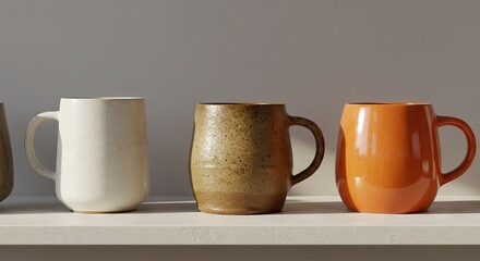 Four ceramic mugs in a row on a shelf lit by sunlight