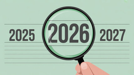 Conceptual image with years 2025, 2026, 2027 in a row on pastel green background. A hand holds a magnifying glass over 2026, enlarging it to symbolize focus, planning, and reflection