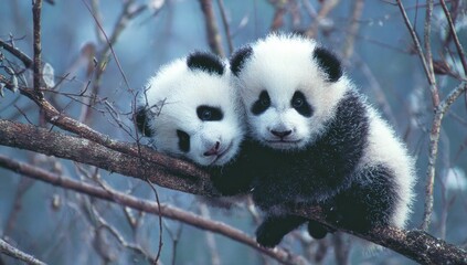 Two adorable panda cubs nestled together on a branch, showcasing their soft fur and curious expressions against a blurred wintery backdrop.