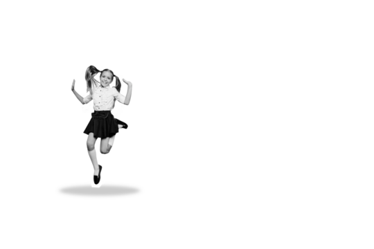 Composite photo collage of happy blonde schoolgirl jump autumn fall education season knowledge learner isolated on painted background