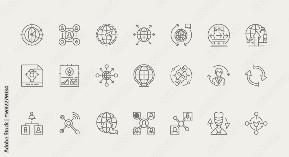 Poster vector icons set of business and technology thin line icon set for global networking. eps editable
