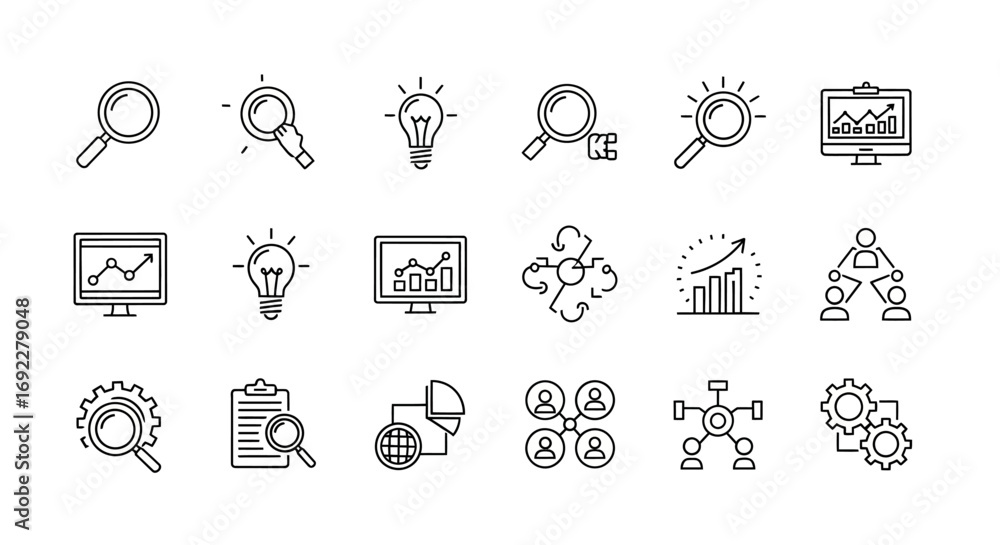 Poster vector icons set of business data analysis and research strategy line icon set. eps editable