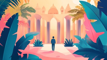 Tropical Paradise: A Man Approaches Ancient Ruins