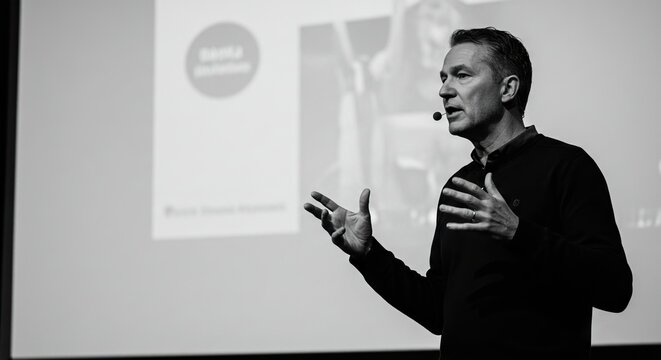 Man speaking with a lavalier microphone hands gesturing in front of a presentation screen