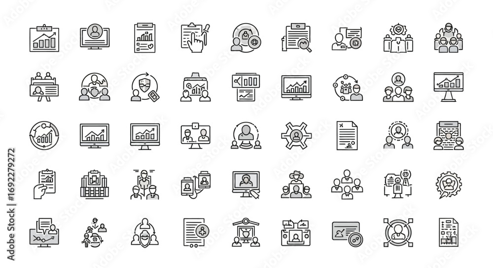 Poster vector icons set of business management and data analysis line icon set. eps editable