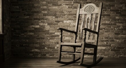 Rocking chair worn wood ornate back aged brick wall backdrop