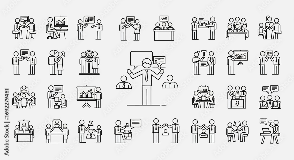 Poster vector icons set of business meeting presentation and teamwork line icon set. eps editable