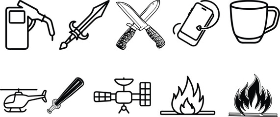 Fototapeta premium Survival Kit Icons Set Representing Essential Gear and Tools for Wilderness Preparedness