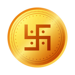 Gold coin with swastika symbol printed on a transparent background