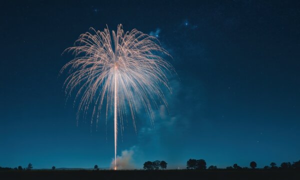 Pink fireworks burst against a starlit night sky over a field