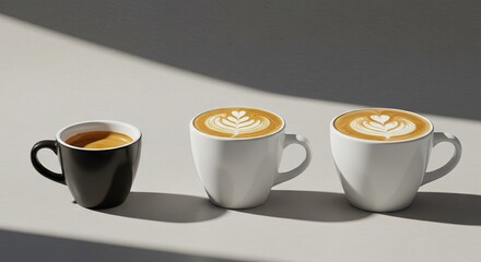 Three coffee cups one black with coffee two white with latte art on a table with sunlight