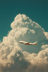 Passenger plane flying through fluffy clouds in a beautiful sky during daytime