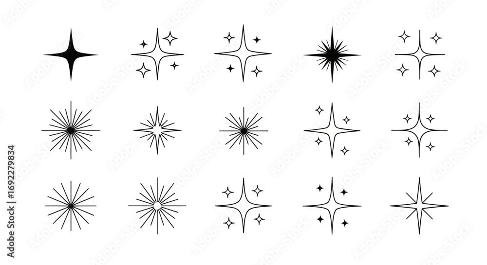 Poster vector icons set of collection of minimalist line art sparkle and star symbols. eps editable
