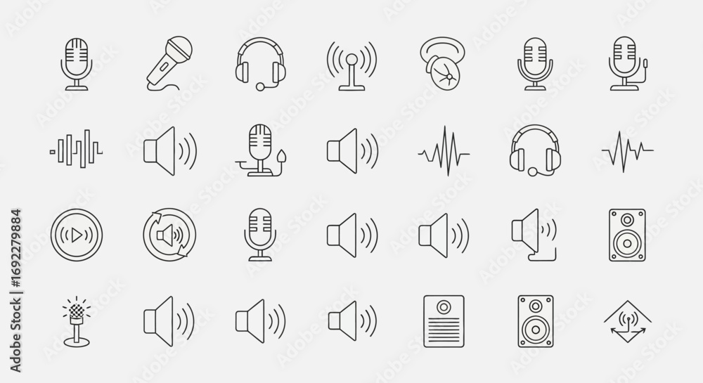 Poster vector icons set of collection of thin line audio and sound icons for digital interfaces. eps editab