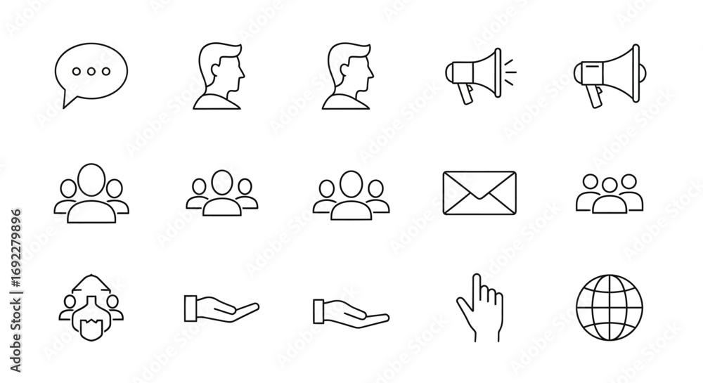 Poster vector icons set of communication and social interaction thin line icon set. eps editable