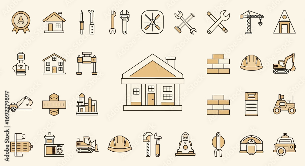 Poster vector icons set of comprehensive set of construction and building industry line icons for architect