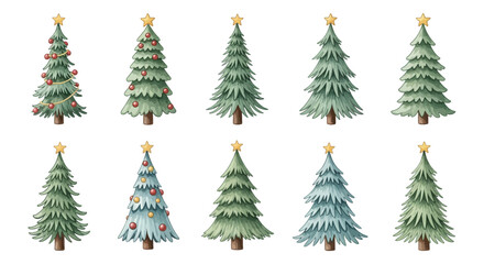 Vector Icons Set of Collection of ten watercolor Christmas trees with festive decorations isolated on a white background. EPS Editable
