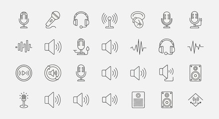 Fototapeta premium Vector Icons Set of Collection of Thin Line Audio and Sound Icons for Digital Interfaces. EPS Editable