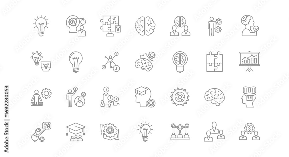 Poster vector icons set of creative thinking and brainstorming line icon set. eps editable