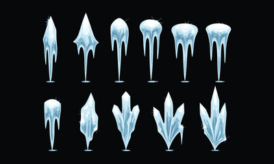 Winter icicles and frozen crystal illustration set, cold ice stalactites, sharp frost elements, snow decoration design for seasonal projects