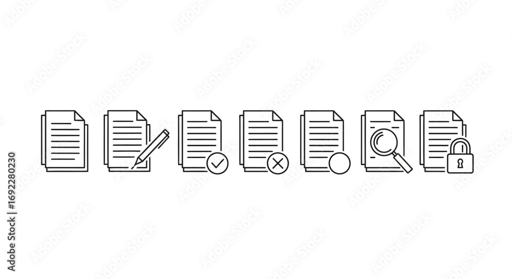 Poster vector icons set of document management line icon set with edit approve reject and search symbols. e