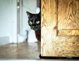 Black cat peeking from behind a weathered door