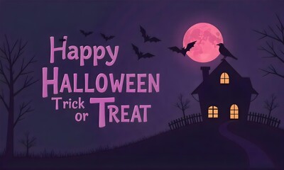 Happy Halloween trick or treat text, a haunted house with bats flying around, a crow on top of the text, full moon and dark purple sky.