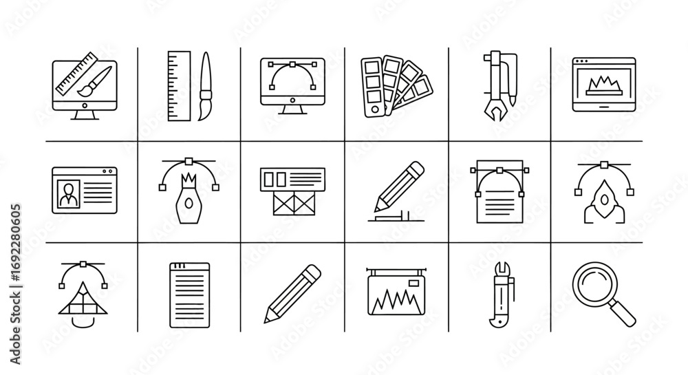 Poster vector icons set of graphic design and digital art tools thin line icon set. eps editable